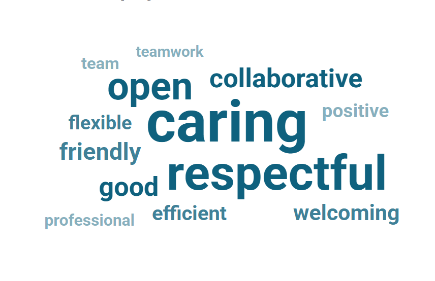 Collage of words: open, collaborative, friendly, respectful, caring, etc.