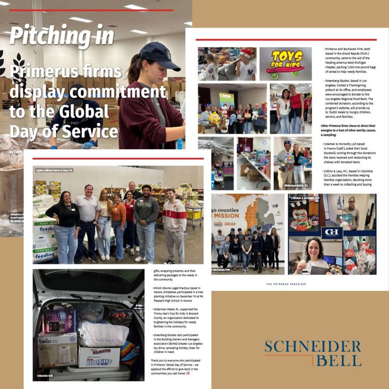 Primerus firms commited to Global Service Day, showing activities and donations provided.
