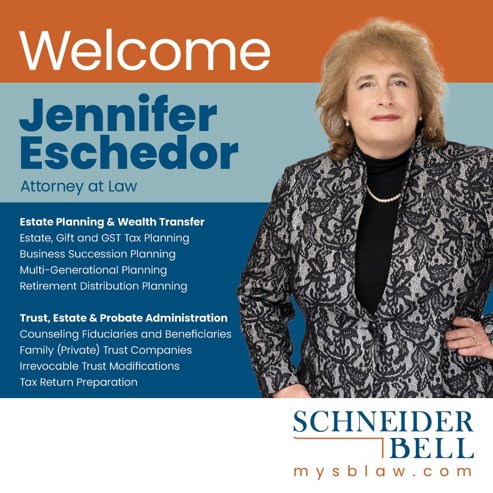 Jennifer Eschedor in a black and gray jacket standing on the right with text on the left in white on an orange background: Welcome.