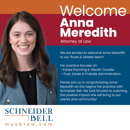 Anna Meredith in a light gray jacket overlaid on an orang, red, and dark blue background. Text in white: Welcom Anna Meredith, Attorney at Law.