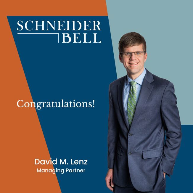 Dave Lenz standing in a gray suit with a light blue shirt overlaid on a dark blue, orange, and light teal background with the firm's logo in white and text: Congratulations!