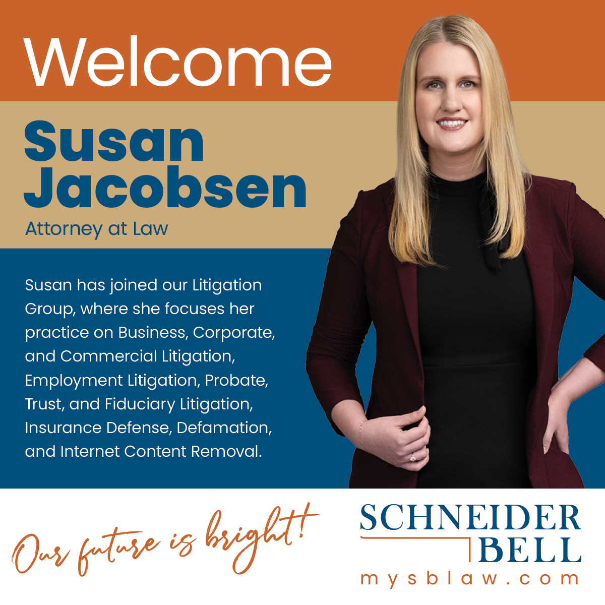Susan Jacobsen Card with text: Welcome Susan Jacobsen, Attorney At Law